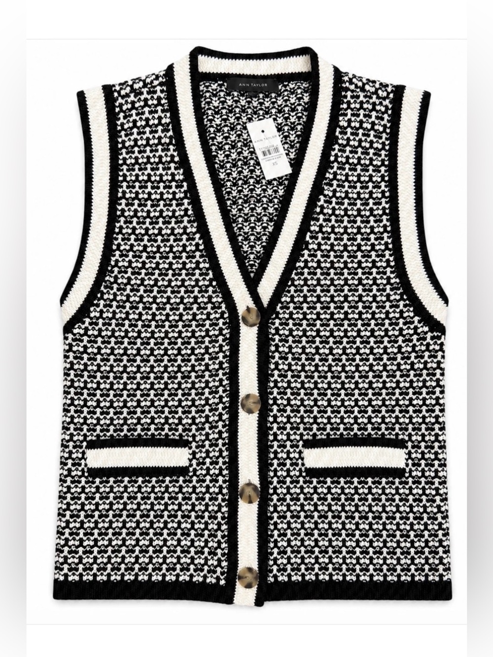 NEW ANN TAYLOR BLACK WHITE BUTTON SWEATER VEST SZ XS